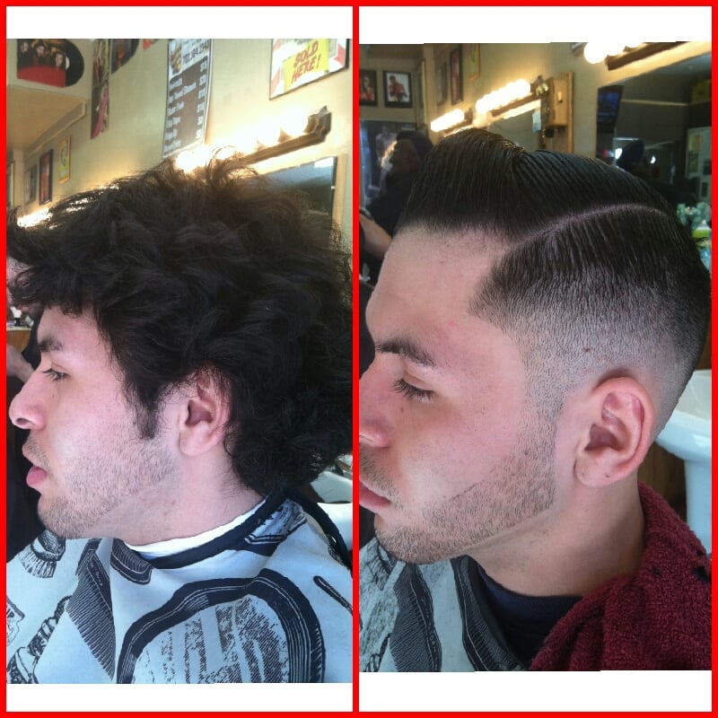 Before and after haircut transformation at Downtown Vintage Barbershop